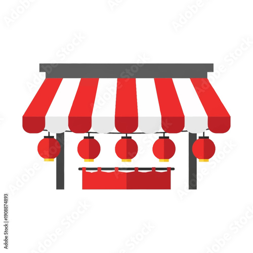Traditional Japanese street food stall yatai illustration with red and white striped awning and hanging paper lanterns isolated on white background