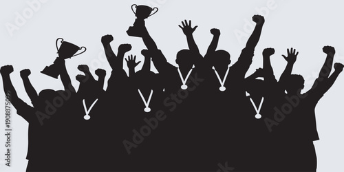 Silhouette of a group of people celebrating with trophies and medals raised in the air, symbolizing victory and achievement.
