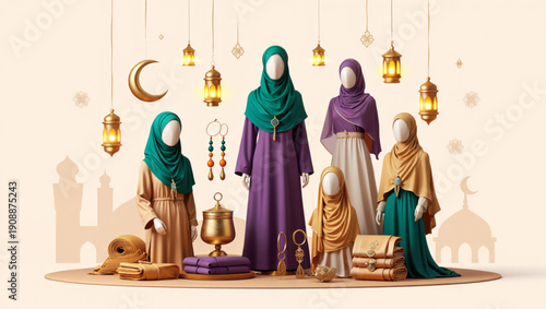 Luxury Ramadan Illustration with Islamic Fashion and Soft Lighting