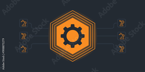 Central gear icon protected by a digital hexagonal barrier. Connecting lines to robot arm and factory sensor icons. Industrial orange and dark charcoal banner for manufacturing security.