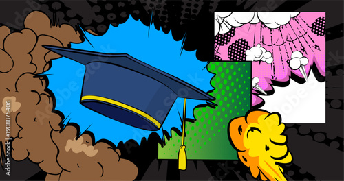 Cartoon Graduation Cap, comic book education. Retro vector comics pop art design.