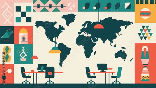 Illustration Of A Modern Global Workspace With Abstract World Culture Elements Vector Design Template