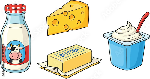 Dairy food illustration, milk bottle, cheese slice, butter pack, yogurt cup, cartoon style icons isolated on white background