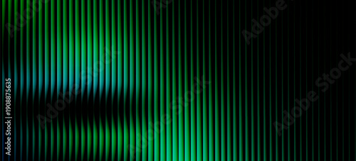 Dark green neon gradient ribbed glass. Vector ribbed glass texture background. Mesh gradient. acrylic ribbed bath surface. Reeded glass background semitransparent overlay. Bath wall window