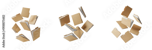 Set of falling brown kraft manila office folders with papers isolated on white background, concept of data chaos, filing system and document management.