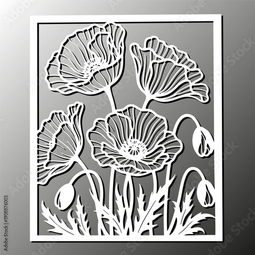 Laser cut floral panel with poppy flower for decorative element, stencil, screen, interior divider, card. Vector illustration