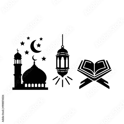 Islamic symbols set including mosque lantern quran crescent moon and stars on white background perfect for ramadan and eid celebrations