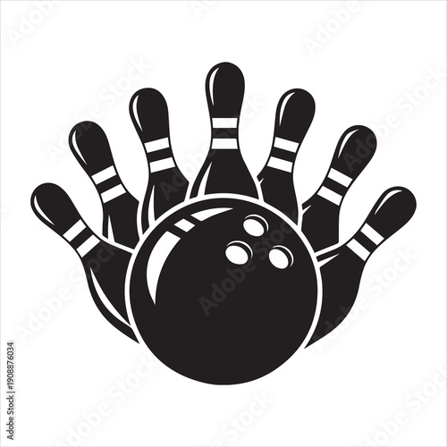 Bowling Ball and Pins Silhouette, Black and white silhouette of a bowling ball and pins