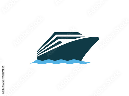 A stylized cruise ship sails on blue ocean waves.