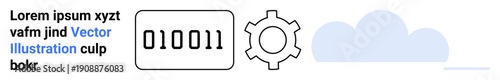 Binary code panel, gear icon, and cloud in clean tech interface style. Ideal for technology, programming, cloud computing, data science, automation, minimal design simple landing page