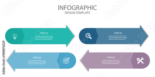 Concept of arrow business model with 4 successive steps. Can be used for process diagram, presentations, workflow layout, banner, flow chart, info graph. 