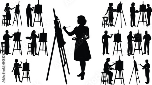 Black and white silhouette collection of artists painting on easels with brushes and palettes, illustrating creative process, fine arts education, studio practice, and artistic lifestyle concept