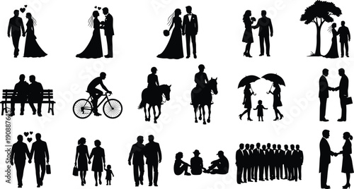 Black and white silhouette collection of couples and families in romantic, social, and daily life activities, including wedding, dating, parenting, friendship, and business relationships concept