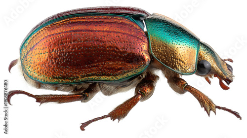 Beetle insect shiny shell, macro photography, isolated on a white background