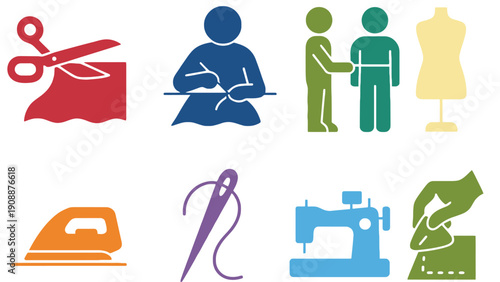 Sewing icons including scissors, mannequin, and sewing machine vector illustration