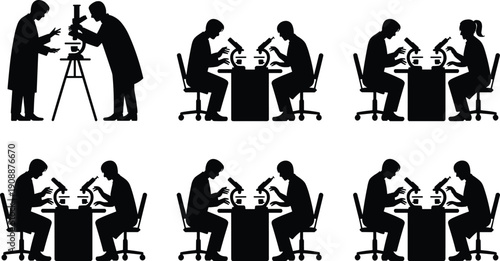 Scientists laboratory silhouette vector set, microscope research teamwork scenes, medical education illustration isolated white background science concept design