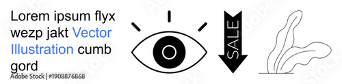 Visual branding, promotions, retail, minimal design, modern art, and creativity. Bold eye symbol, sale arrow and abstract plant. Visual branding and promotions concept