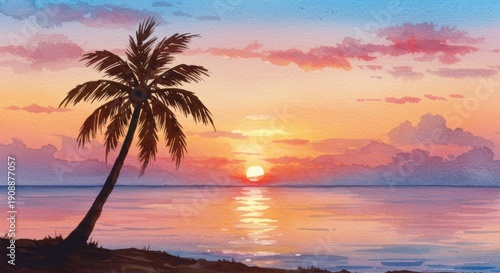 Watercolor painting captures a serene tropical sunset with palm tree silhouette over ocean