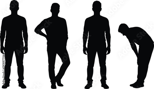 Black and white silhouette collection of young man standing in different poses, showing front, side, and bending positions, representing body language, attitude, and lifestyle concept