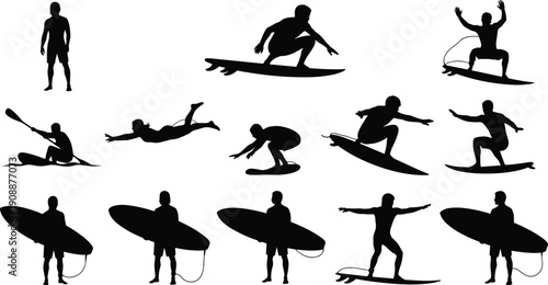 Black and white silhouette collection of surfers riding waves, paddling, jumping, and carrying surfboards, representing extreme water sports, ocean adventure, freedom, and beach lifestyle concept