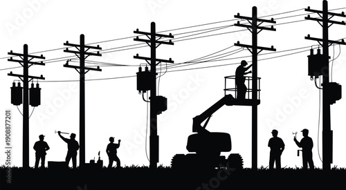 Power line workers silhouette vector illustration, electricians repairing utility poles with lift truck, electrical maintenance teamwork isolated white background