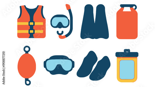 Scuba diving equipment vector illustration including life jacket and flippers