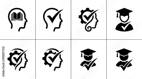 Human head icons with checkmarks signifying knowledge, learning, and achievement