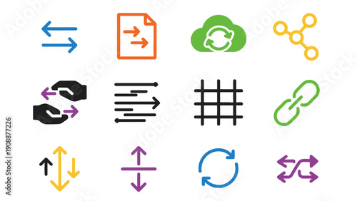 Collection of modern icons representing data transfer and connectivity