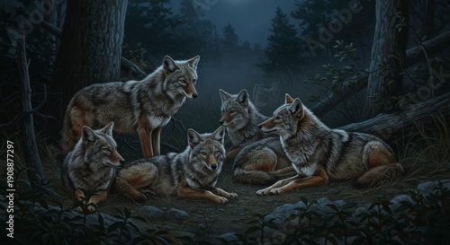 Wolves gather under the moonlight for a night meeting in the forest painting