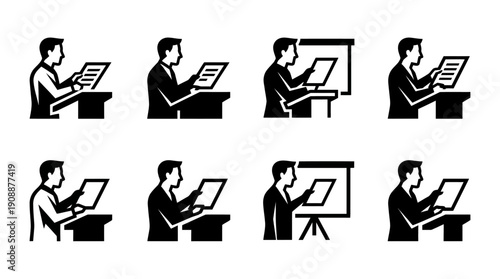 Presentation And Public Speaking Icons Featuring Man With Lectern And Flip Chart