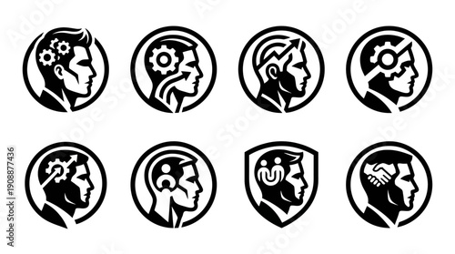 Illustrations of Human Head Profiles with Gears, Shields, and Networking Symbols