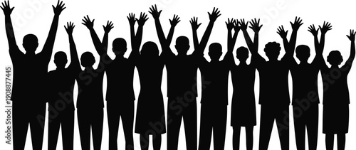 Diverse people silhouette vector crowd, joyful celebration with raised hands, unity teamwork concept illustration isolated white background studio minimal design