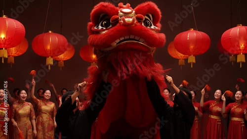 Energetic Chinese New Year Celebration With Red Lanterns And Lion Dance