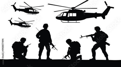 Military soldiers silhouette vector set, armed troops with helicopters, tactical combat operation teamwork illustration isolated white background defense security concept