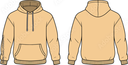 Beige hoodie front back view vector mockup, unisex sweatshirt apparel template, casual streetwear fashion clothing design, isolated illustration