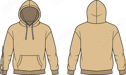 Beige hoodie vector mockup, front and back view pullover sweatshirt template, streetwear apparel flat illustration isolated white background