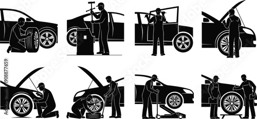Black and white silhouette illustration of auto mechanics repairing, inspecting, and servicing cars in professional garage workshop, showing vehicle maintenance, tire replacement, and diagnostic work