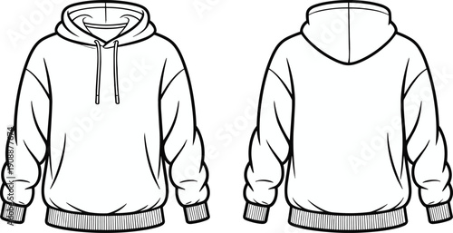 Black and white hoodie vector mockup, front and back view pullover sweatshirt outline illustration isolated white background studio apparel template
