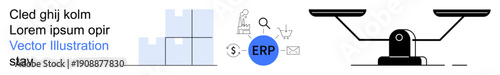 Business management, finance, inventory, analytics, planning, decision-making. Graphic shows ERP system icon, warehouse blocks and scales. Business management and finance concept