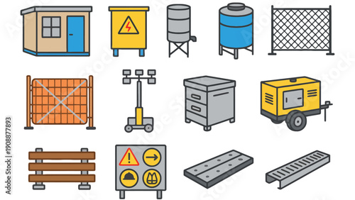 Construction equipment vector icons set for building and industrial projects