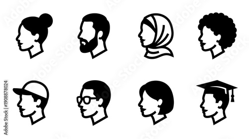 Diverse people profile icons in a black and white illustration