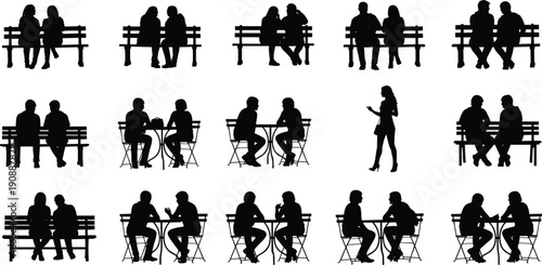 Black and white silhouette illustration set of couples and friends sitting on park benches and cafe tables, talking, dating, relaxing, and social interaction scenes