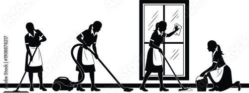 Black and white silhouette illustration of female housekeepers cleaning floor and windows with professional equipment, representing domestic service, hygiene, housekeeping,