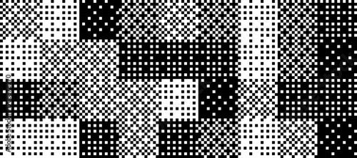 Pixelated bitmap pattern texture. Black checkered dither wallpaper. Abstract 8 bit screen pattern. Arcade video game background. Retro pixel art raster backdrop. Glitchy distorted overlay. Vector