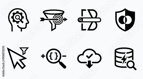 User-Friendly Icons Set Representing Data Analysis, Filtering, Security and Technology
