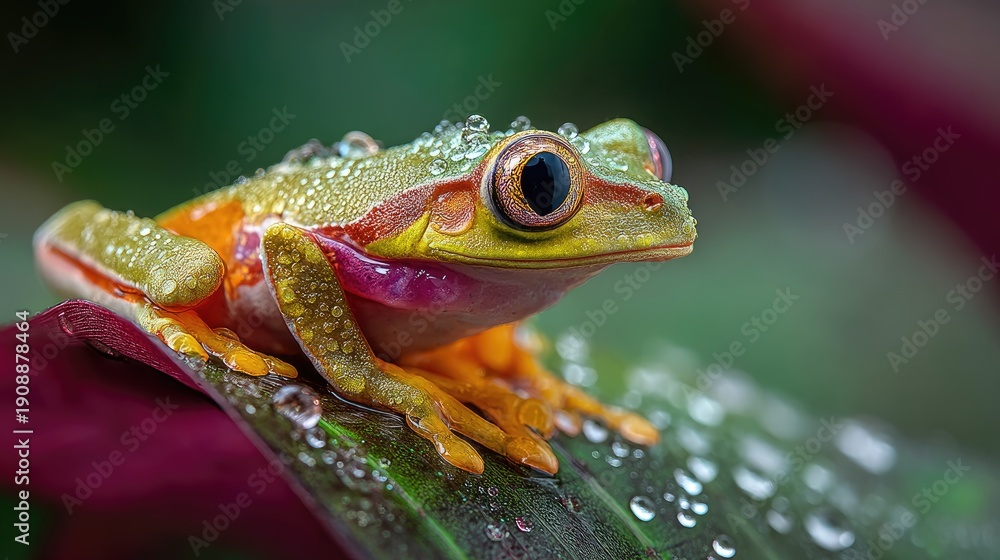 Obraz premium Vibrant Green Frog in Rainforest with Water Droplets Nature Scene