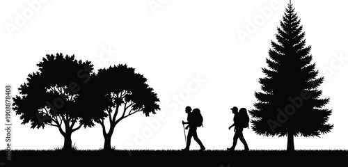 Black and white silhouette of hikers walking through forest landscape with backpacks and trekking poles, representing outdoor adventure, hiking journey, nature exploration, 
