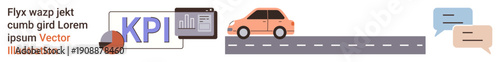 Data analysis, business growth, transportation, communication, online workflow, team collaboration. KPI dashboard and pie chart, a car driving on a road and speech bubbles. Data analysis