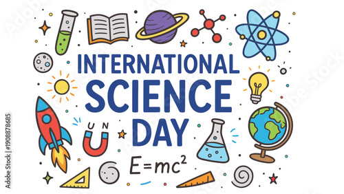 Science illustration celebrating International Science Day with various icons