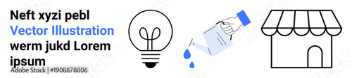 Business growth, ideas innovation, sustainability, small business, eco solutions, design tools. Light bulb, watering can with water drops storefront icon. Ideas innovation and business growth